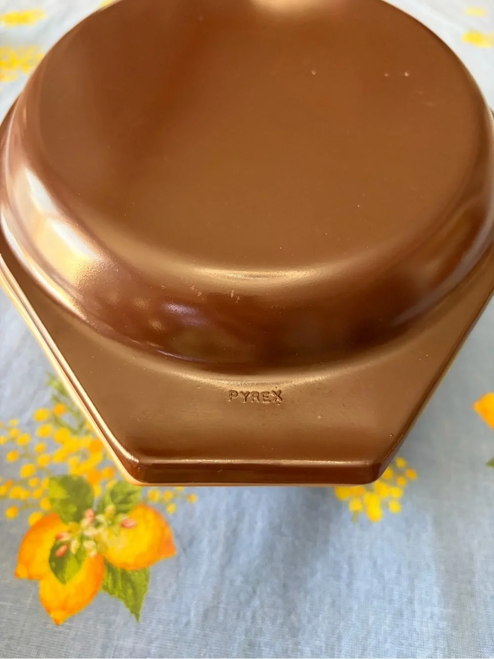 Pyrex Brown and Orange Vitrolite Casserole Dish with Fruit Pattern vintage
